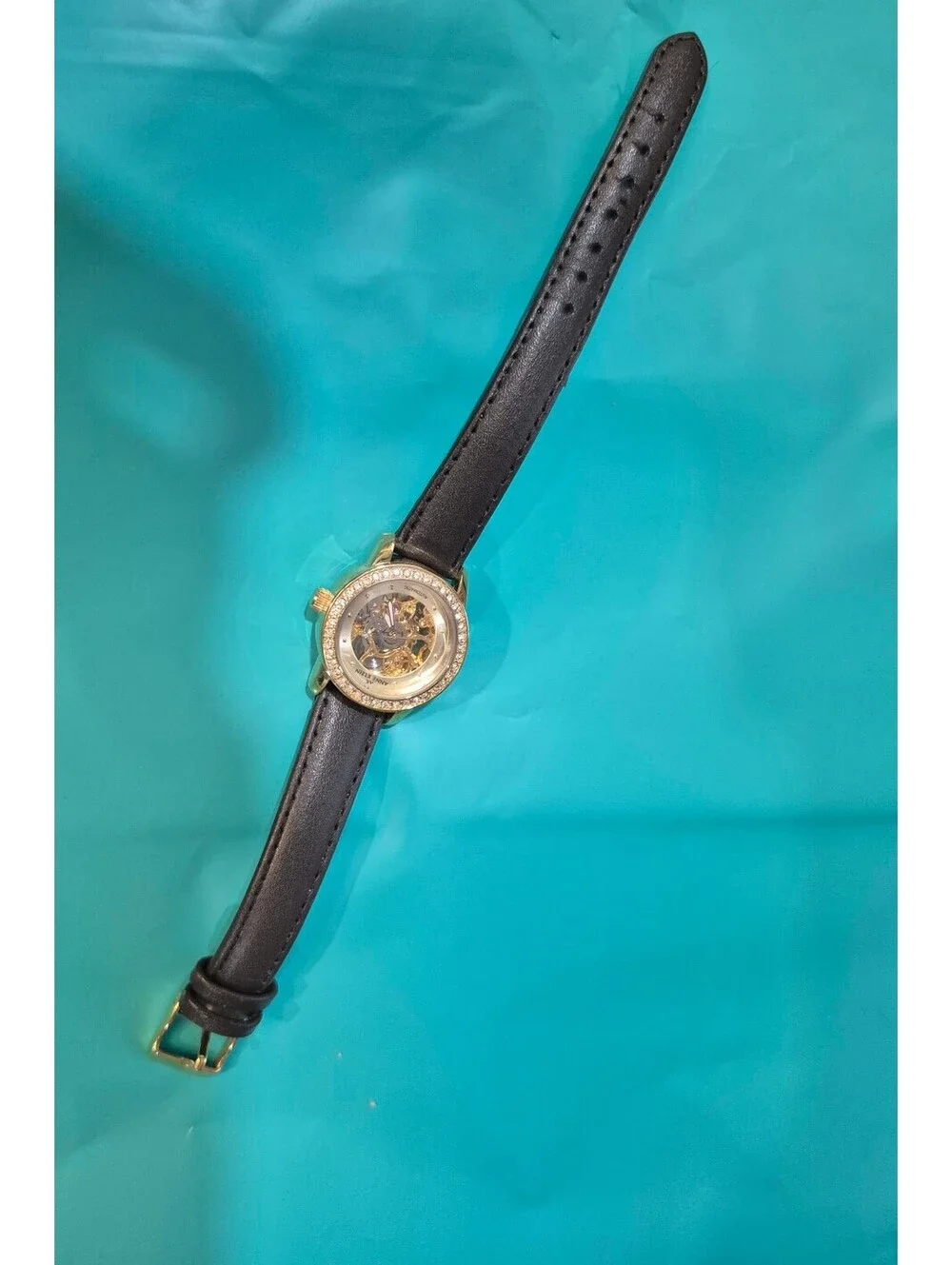 Anne Klein Gold Skeleton Automatic Watch Crystal Bezel Leather Strap